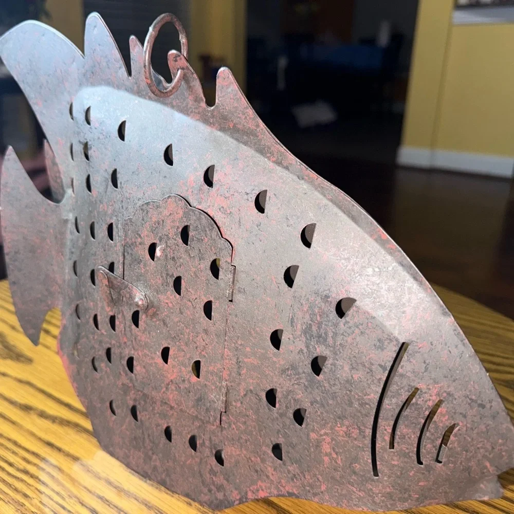 Vintage Fish-Shaped Metal Lantern- Red and Black